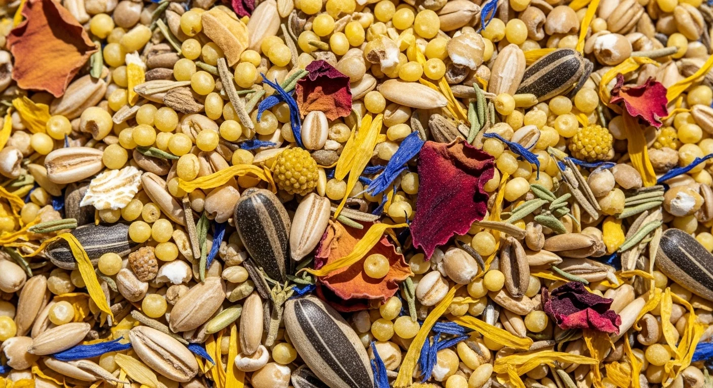 Состав JR Farm Wellensittich-Spezialfutter: просо, канареечник, овёс, лён, сафлор, травы и лепестки цветов