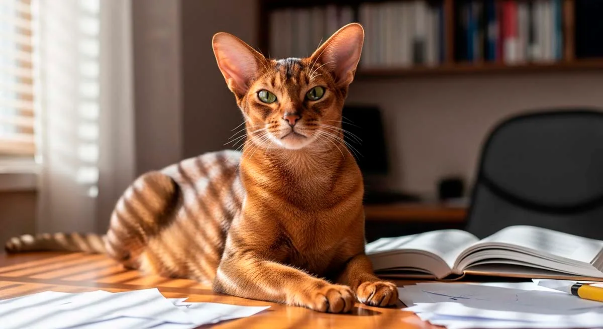 Абиссинская кошка дикого окраса лежит на столе рядом с книгой в домашнем кабинете