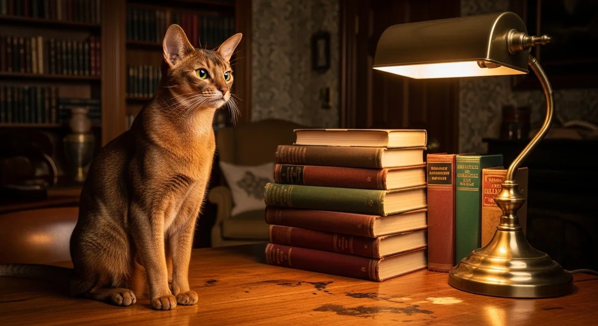 Абиссинская кошка сидит на письменном столе рядом со старинными книгами и лампой