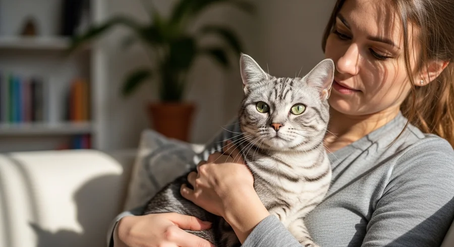 Американская короткошёрстная кошка играет с ребёнком дома