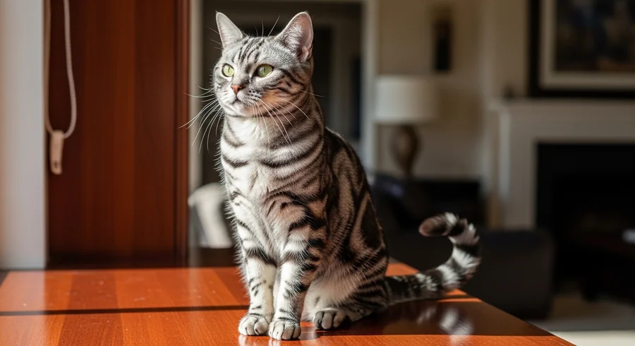 Американская короткошёрстная кошка на фоне деревянного амбара