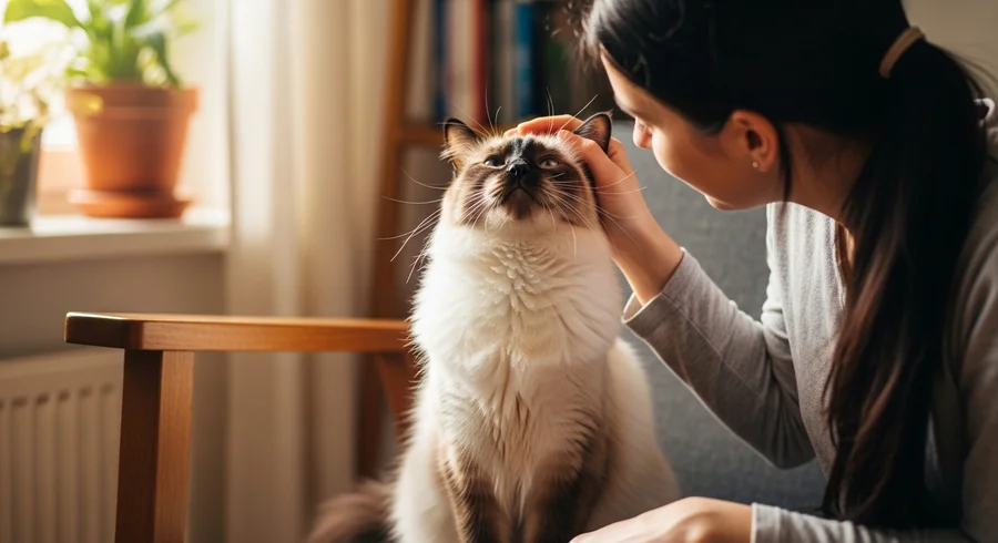 Балинезийская кошка играет с ребёнком дома
