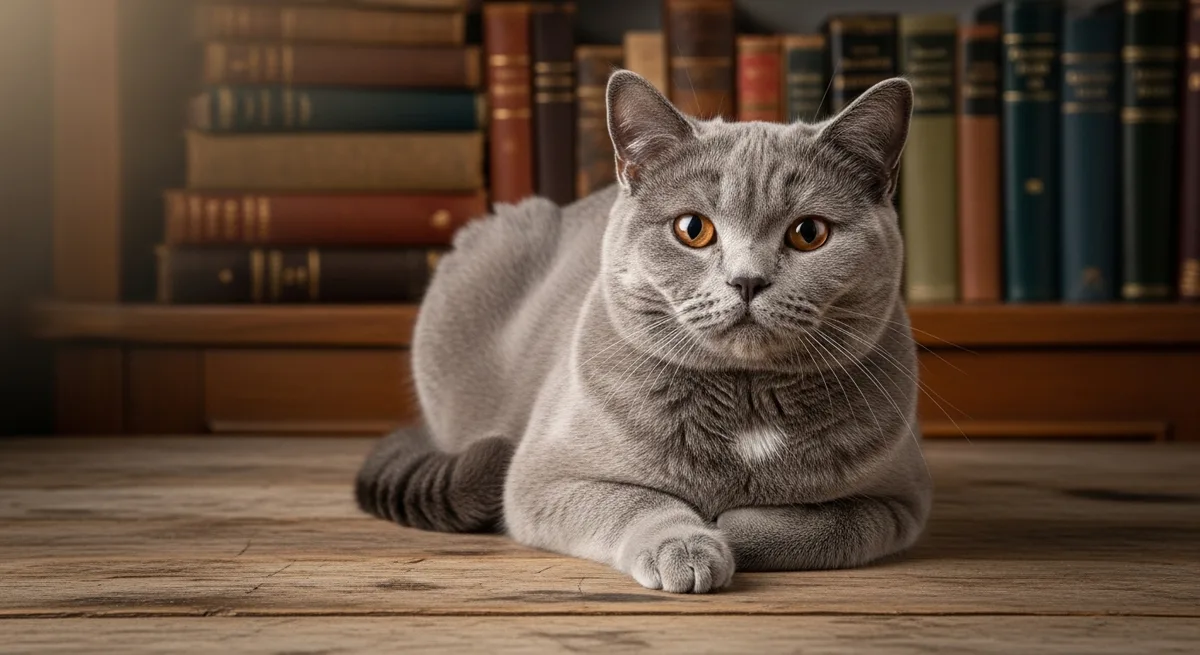 Британская кошка на старинном деревянном столе среди книг — викторианская эпоха