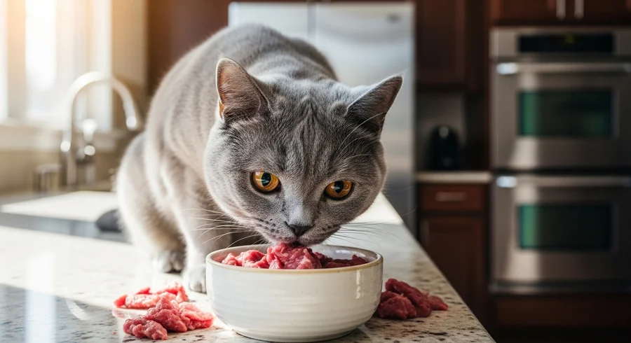 Натуральное питание для кошек — свежее мясо и овощи в миске
