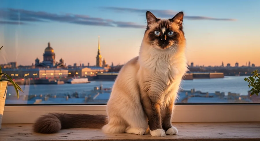 Пушистая кошка колорпойнт у окна с видом на Петербург