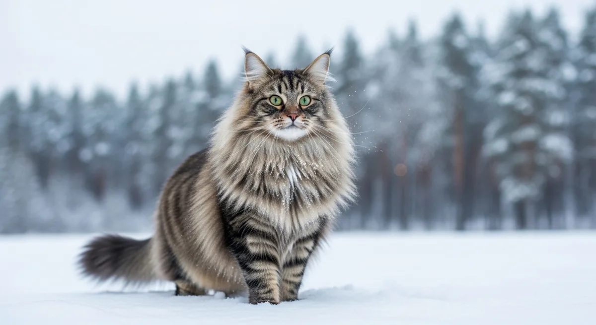 Норвежская лесная кошка в снегу — водоотталкивающая шерсть со снежинками