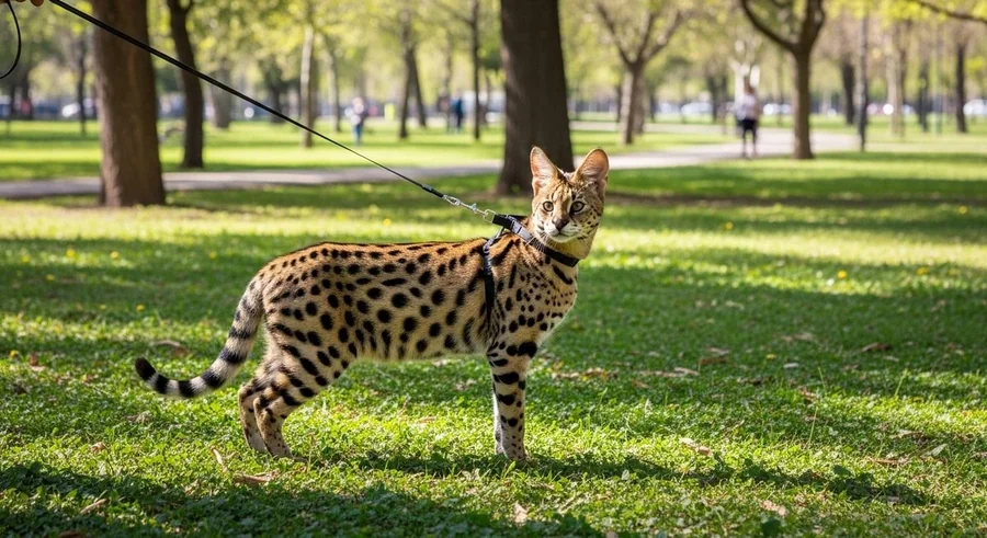 Саванна на прогулке в парке на шлейке