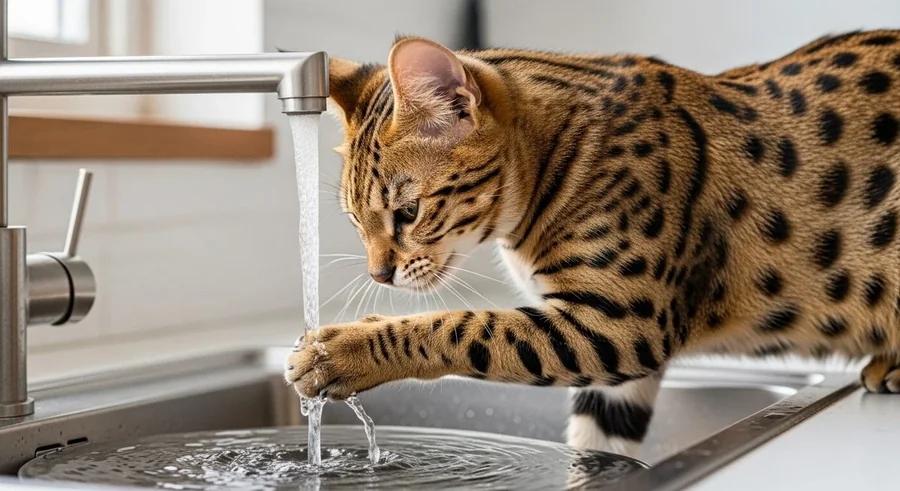 Саванна играет с водой из крана — любовь к воде унаследована от сервала