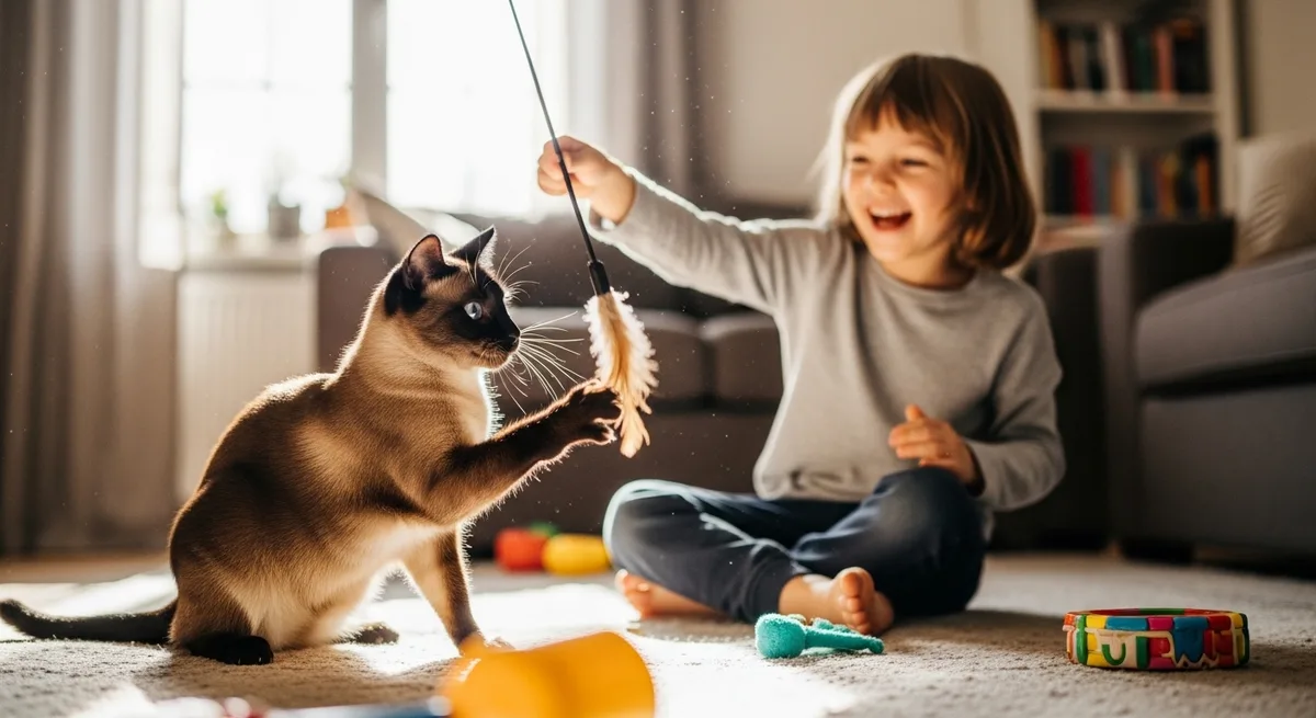 Сиамская кошка играет с ребёнком на полу