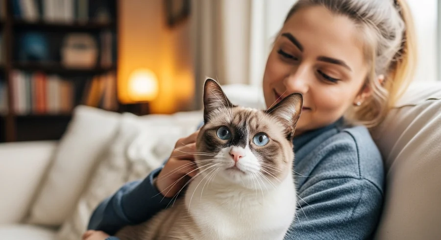 Сноу-шу играет с ребёнком — дружелюбная семейная кошка