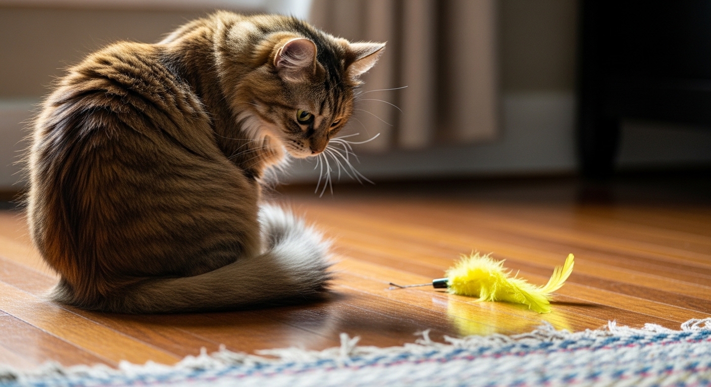 Кошка сидит отвернувшись, не реагирует на игрушку