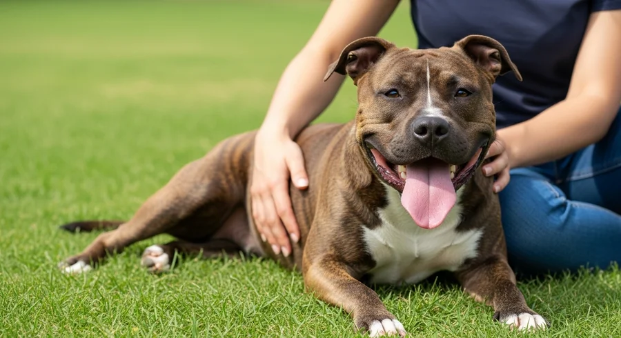 AmStaff лежит на траве рядом с хозяином