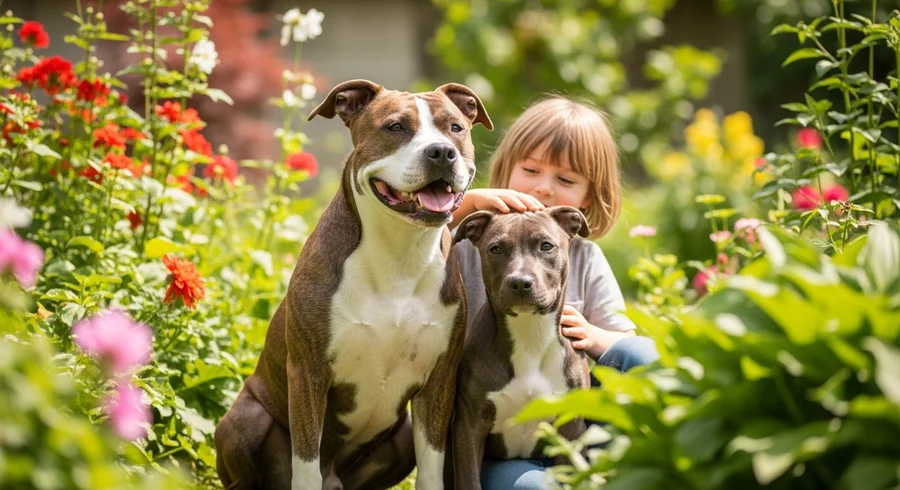 AmStaff с ребёнком в саду