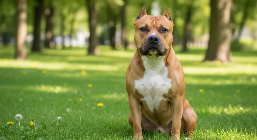 AmStaff сидит на траве в парке
