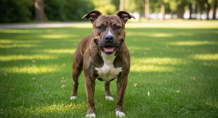 AmStaff стоит на зелёной поляне