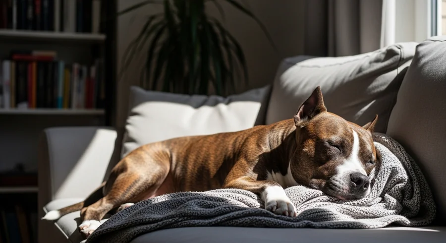 AmStaff отдыхает на диване