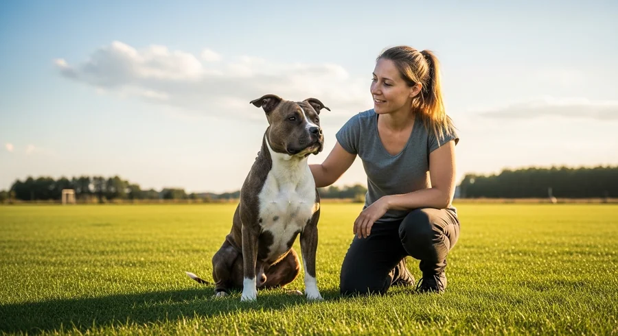 AmStaff сидит рядом с тренером