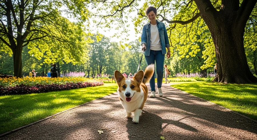 Вельш-корги кардиган на прогулке по осенней аллее