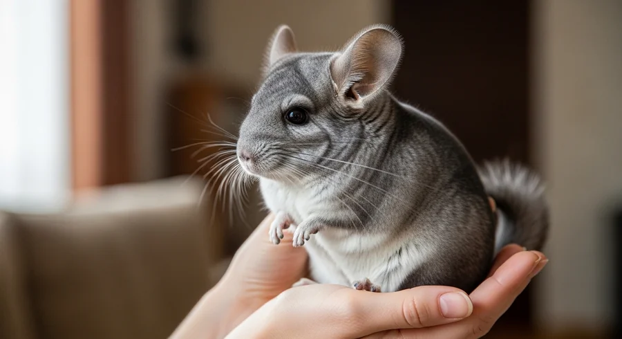 Шиншилла сидит на руке ребёнка дома